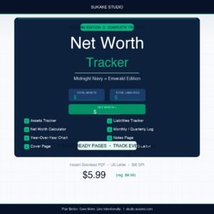 Net Worth Tracker Printable PDF Midnight Navy Emerald Assets Liabilities