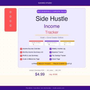 Side Hustle Income Tracker Printable PDF Violet Coral Freelance Budget Planner